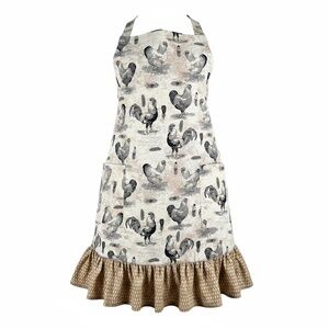 Farmhouse Rooster Chicken Print Apron Rustic Kitchen Apron W/Pockets Ruffle Hem